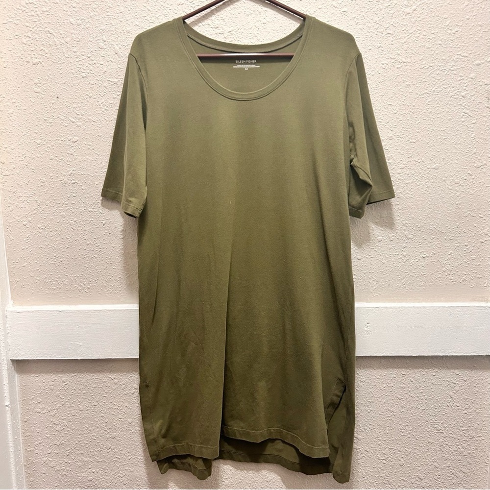 Eileen Fisher Dress Tunic Shift Green Short Sleeved Jersey Organic Cotton Small